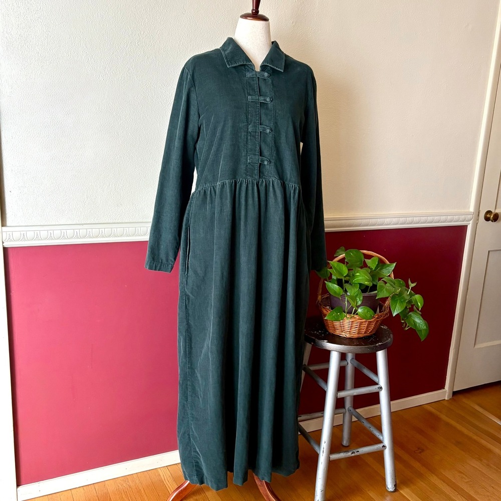 Vintage Eddie Bauer Corduroy Maxi Dress L Tall Green Cottage Modest Prairie